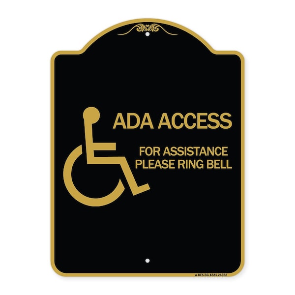 ADA Access for Assistance Ring Bell W/ New Isa, Black & Gold Aluminum Sign, 18" H, BG-1824-24352